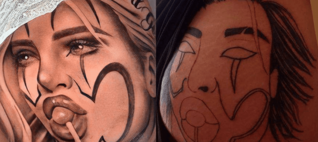 Veja a diferença entre as tatuagens. foto1:  referência; foto 2: resultado