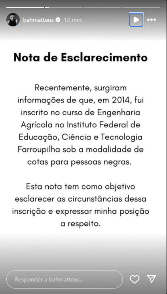 Matteus Amaral se pronuncia sobre fraude de cotas após confirmação de faculdade