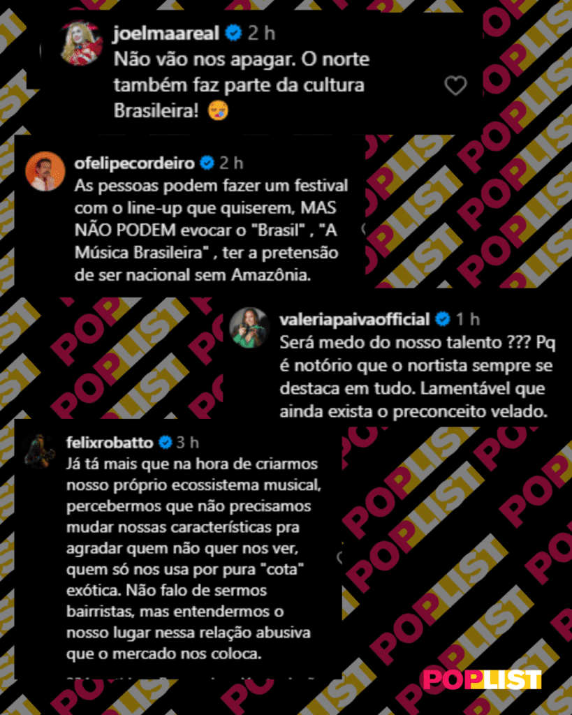 Outros artistas paraenses se uniram a Fafá nos comentários da publicação criticando a decisão do festival 