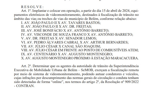 Recorte da Portaria N° º 0285/2024 da Semob, que implantou os novos radares. Imagem reprodução.