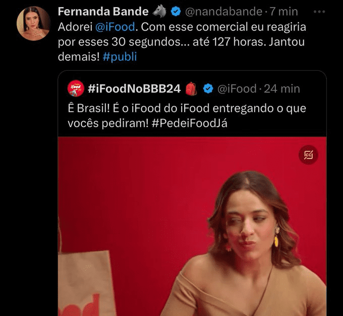 Em uma outra publicidade do ifood, Fernanda aparece elogiando a performance de Bia na propaganda. 