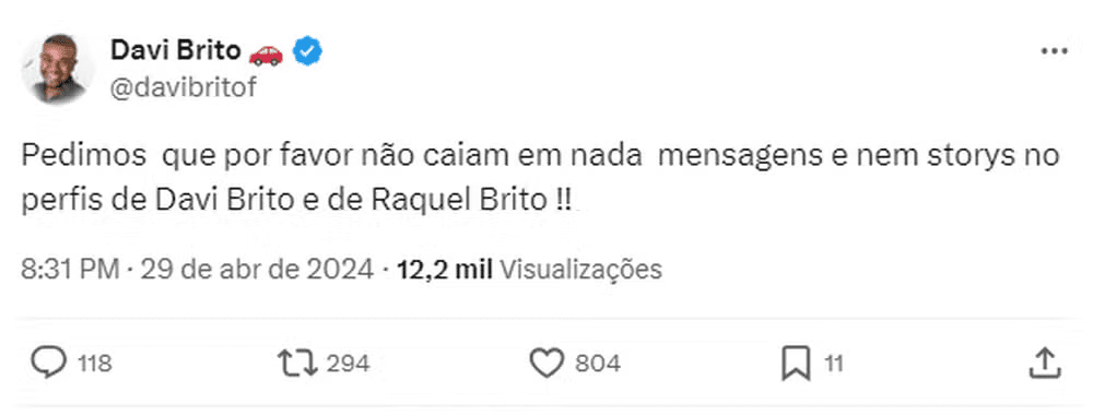 Davi Brito tem conta do Instagram hackeada nesta segunda, 29