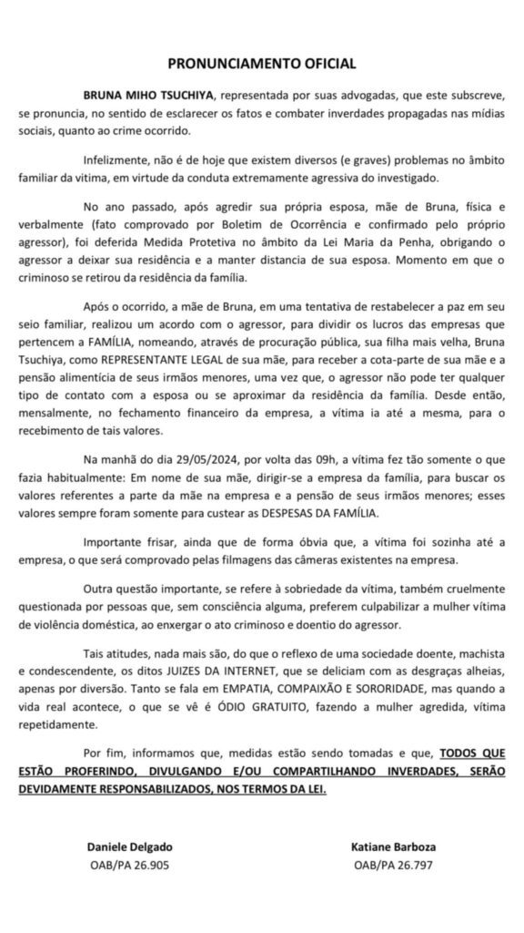 Vítima publicou posicionamento oficial sobre agressão cometida pelo pai. Foto: Reprodução