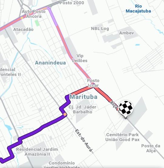 Por volta de 17h, o trecho na BR-316, próximo à Alça Viária, em Marituba, estava parado (Imagem: Waze)