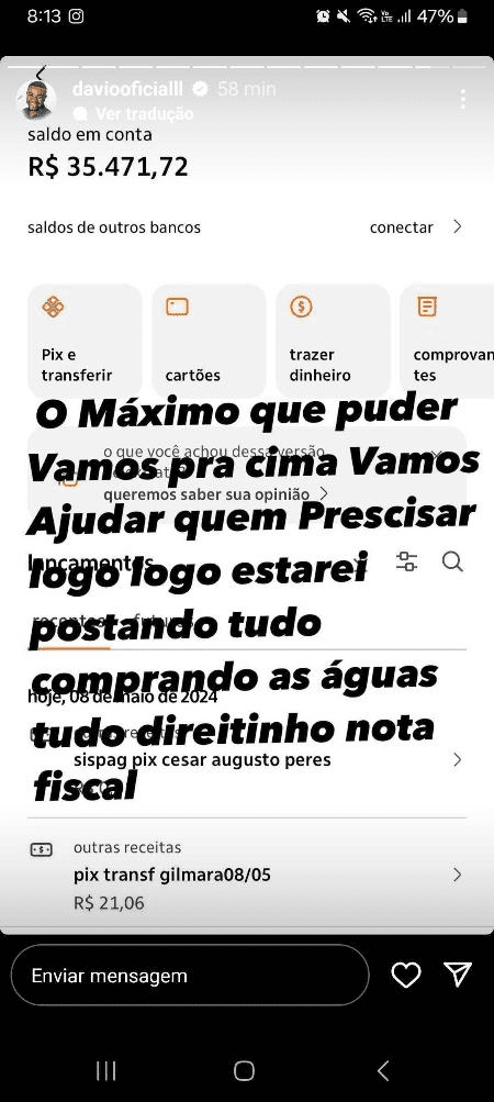 O ex-bbb fez uma campanha para arrecadar as doações ao estado. Na época, Davi foi criticado por usar o próprio pix pra arrecadar os valores.