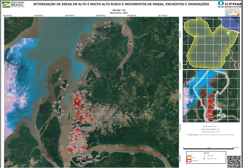 Mapa mostra áreas de risco geológico, como inundação e erosão em Belém.