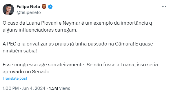 Felipe Neto falou sobre a importância da fala de Luana para que o tema fosse viralizado. Imagem: Reprodução X @felipeneto