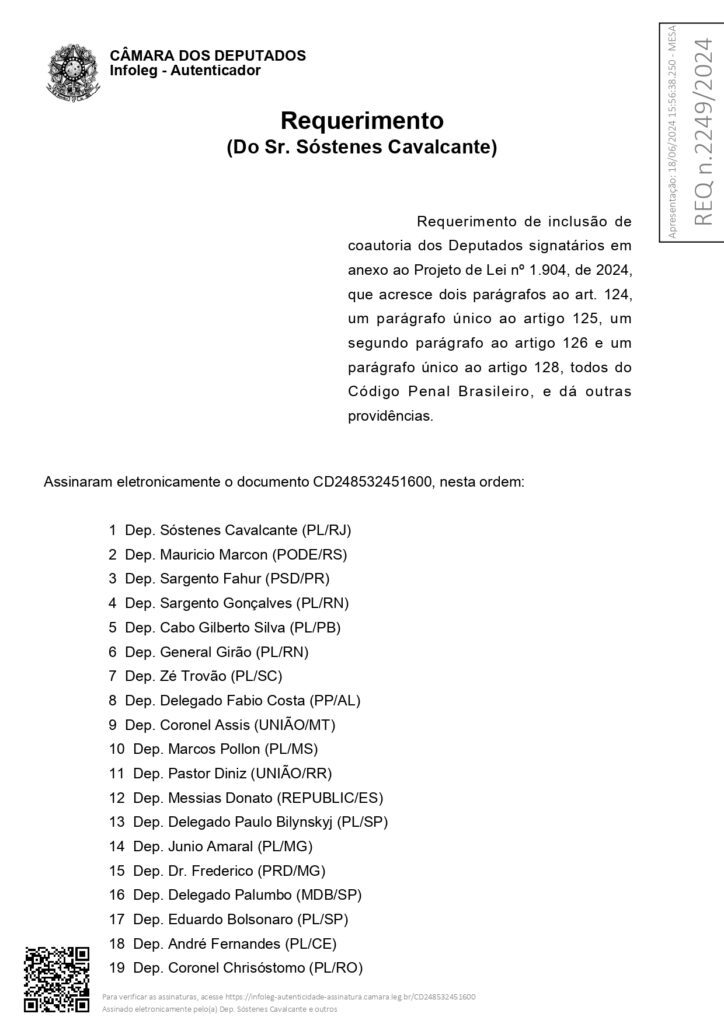 24 deputados pediram para serem coautores do PL 1904.