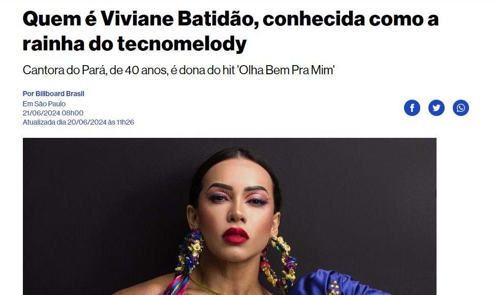 Matéria da Billboard fala sobre trajetória de Viviane Batidão. 