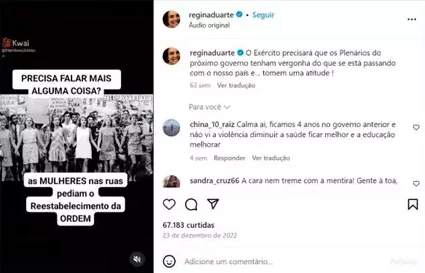 A imagem que foi divulgada por Regina Duarte mostra as artistas em um protesto contra a ditadura, mas foi tirada de contexto afirmando ser uma manifestação a favor dos tempos de repressão. Imagem: reprodução Instagram 