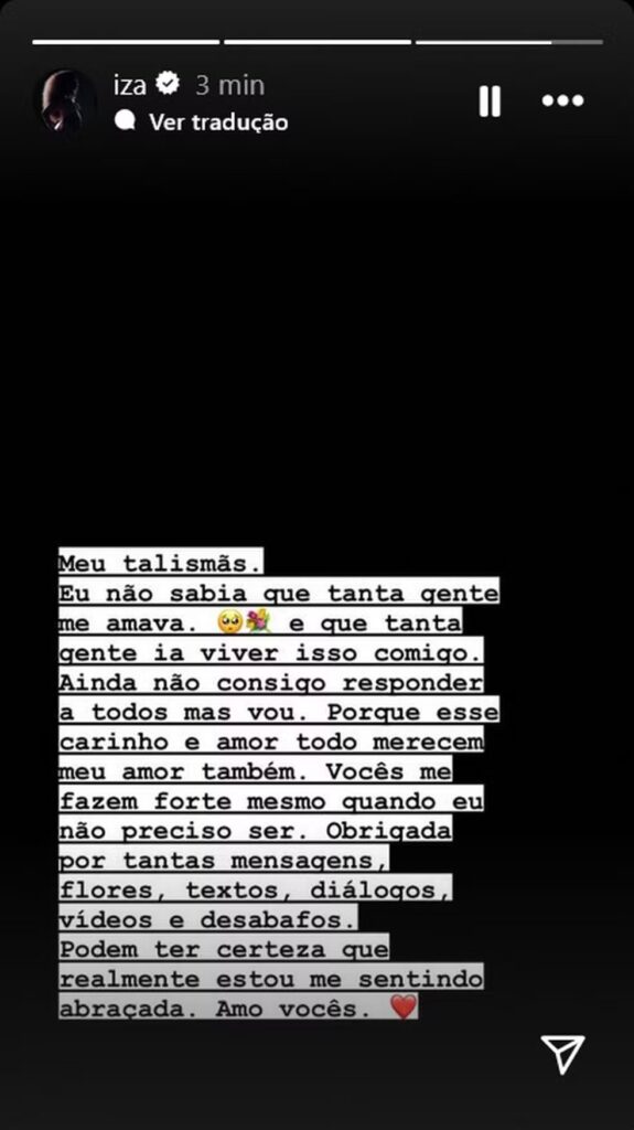 Iza faz publicação agradecendo apoio. Foto: Reprodução/Instagram