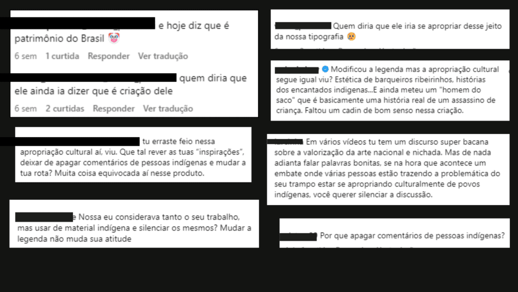 Internautas criticaram o artista o acusando de apropriação cultural. Os comentários foram deixados no perfil pessoal de Grimaldi. Imagem: Reprodução dos comentários: redes sociais 