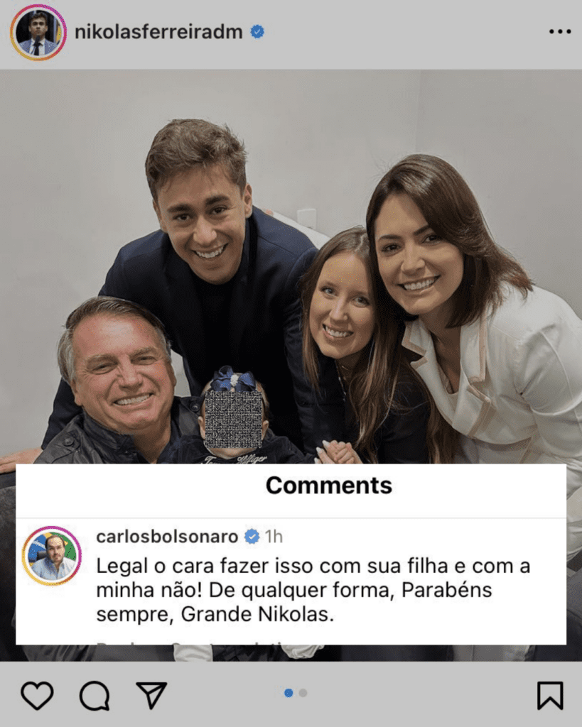 Bolsonaro posa com bebê de Nikolas Ferreira e Carlos reclama: 'Legal o cara fazer isso e com a minha não' -Foto: reprodução redes sociais 