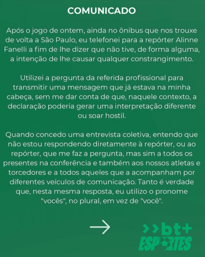 ‘Só dou satisfação a três mulheres’, diz Abel Ferreira para repórter. Treinador pede desculpas em nota