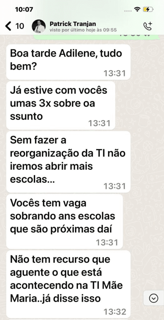 Mensagem enviada pelo secretário-ajunto Patrick Tranjan para a cacica Adilene (Foto: Reprodução)
